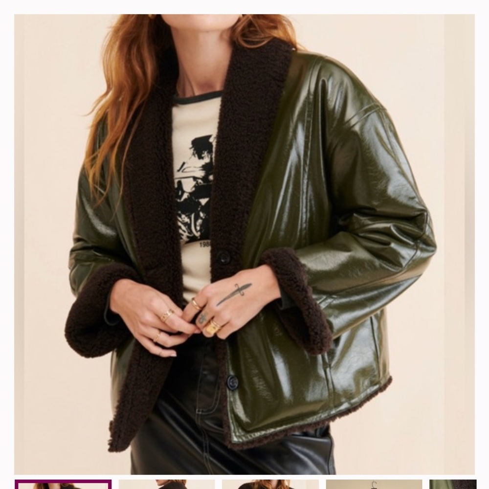 Bellerose Olive glossy Green Faux Leather Bomber with Dark Brown Sherpa size S